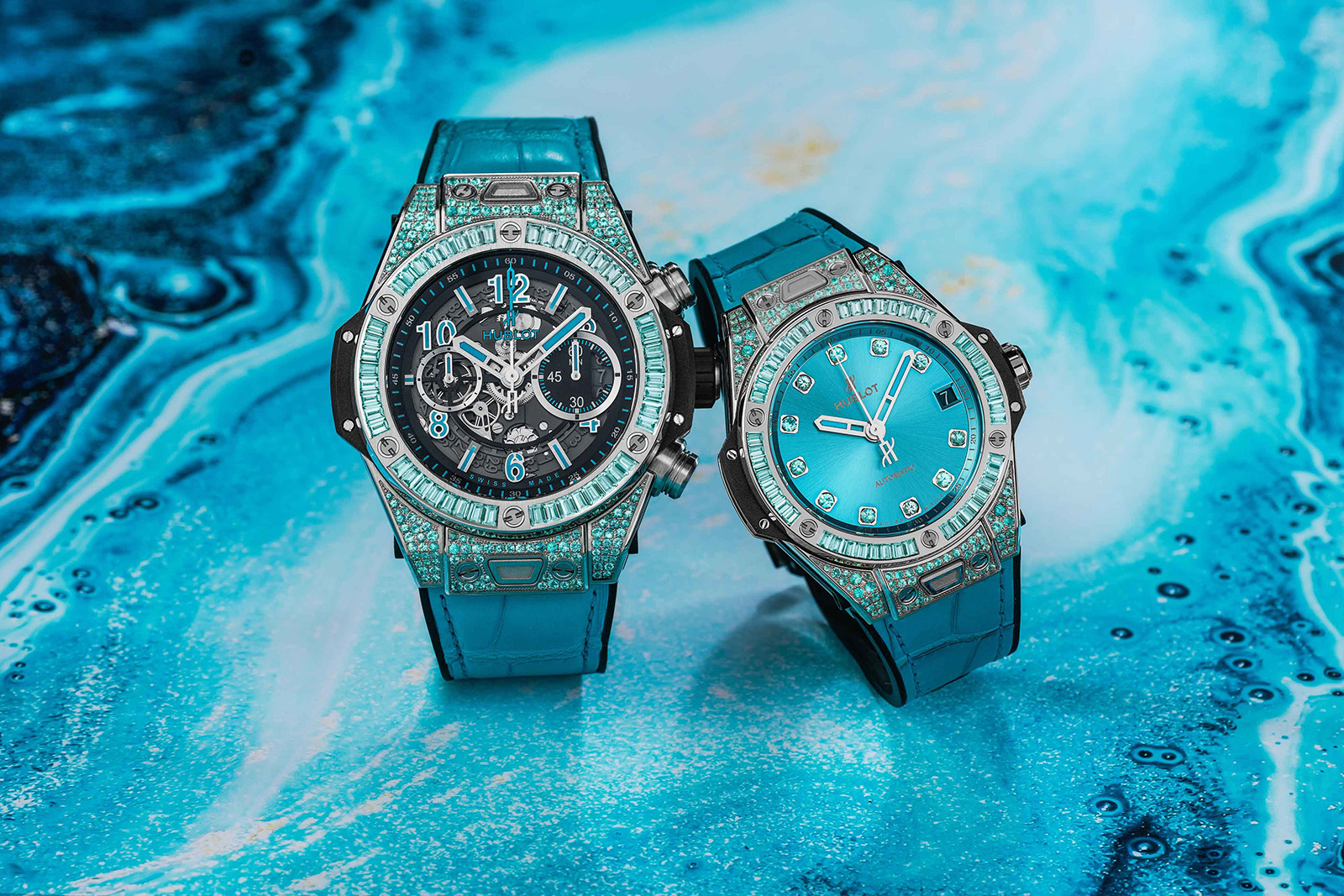 Hublot ‘Big Bang Unico & Click Paraiba’ watches with with paraiba tourmalines, and bezel and lug in 18k white gold 