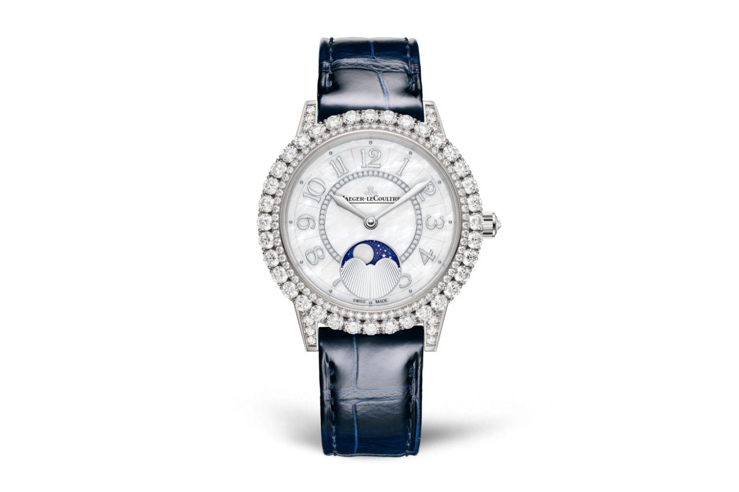  Jaeger-LeCoultre ‘Rendez-vous’ watch 'Moon’ model with mother of pearl dials and double diamond bezels featuring Night&Day complication in 18k white gold with blue alligator strap