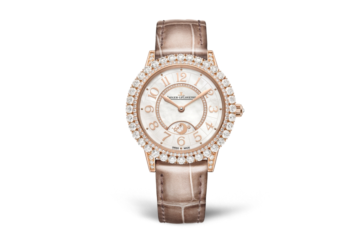  Jaeger-LeCoultre ‘Rendez-vous’ watch with mother of pearl dials and double diamond bezels featuring Night&Day complication in 18k rose gold with bronze alligator strap