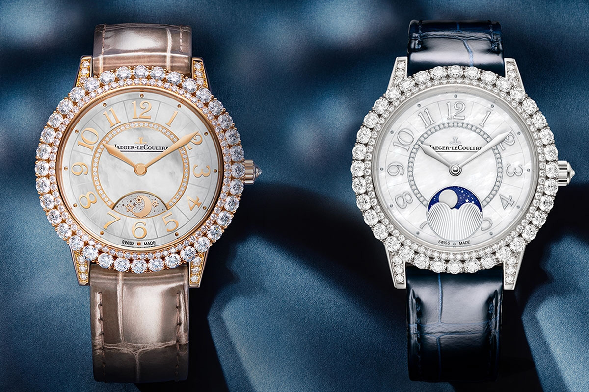 Jaeger-LeCoultre ‘Rendez-vous’ watch 'Moon’ model with mother of pearl dials and double diamond bezels featuring Night&Day complication in 18k rose and white gold
