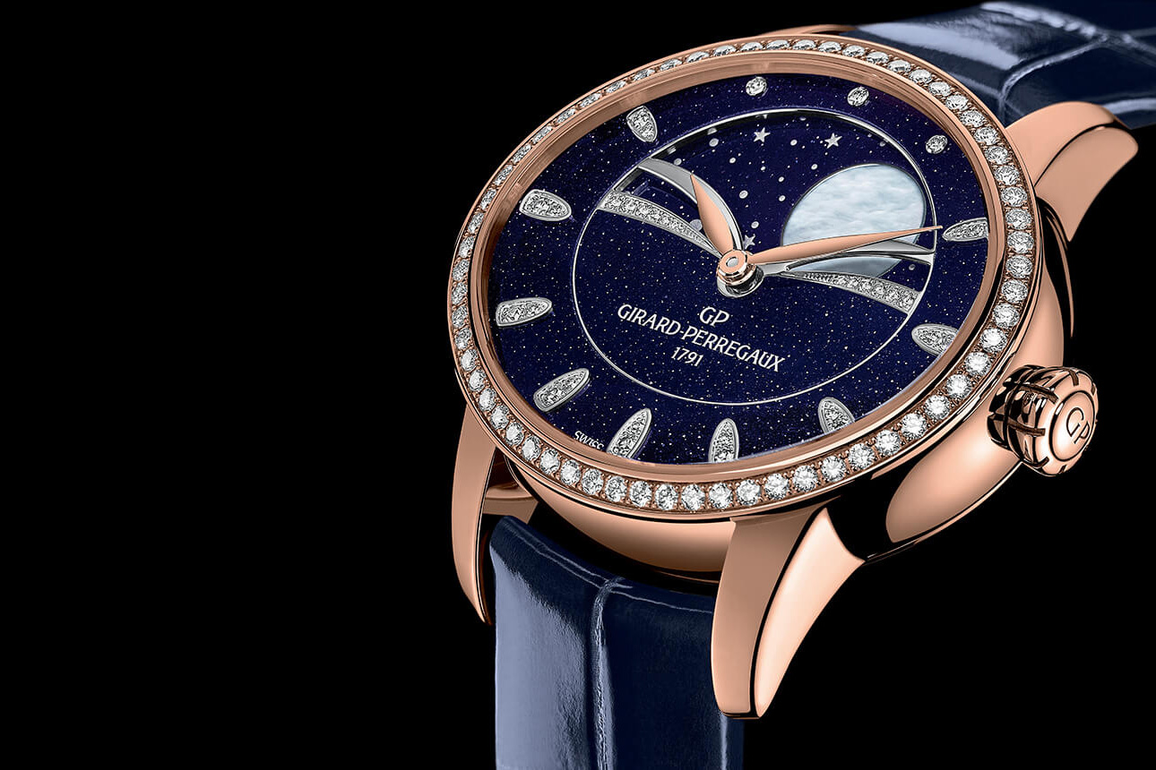 Girard-Perregaux ‘Cat’s Eye Plum Blossom’ watch with mother of pearl accent, aventurine and diamonds on the dial and diamond bezel in 18k rose gold