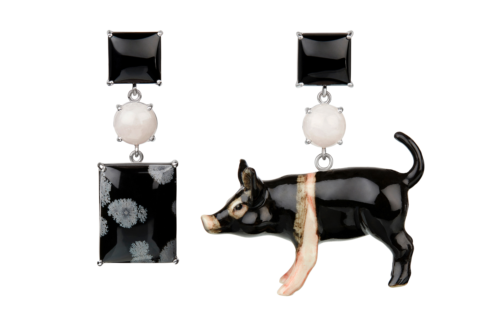 Tessa Packard 'Mr. Pig' earrings in pink quartz, obsidian, onyx and painted porcelain in white gold