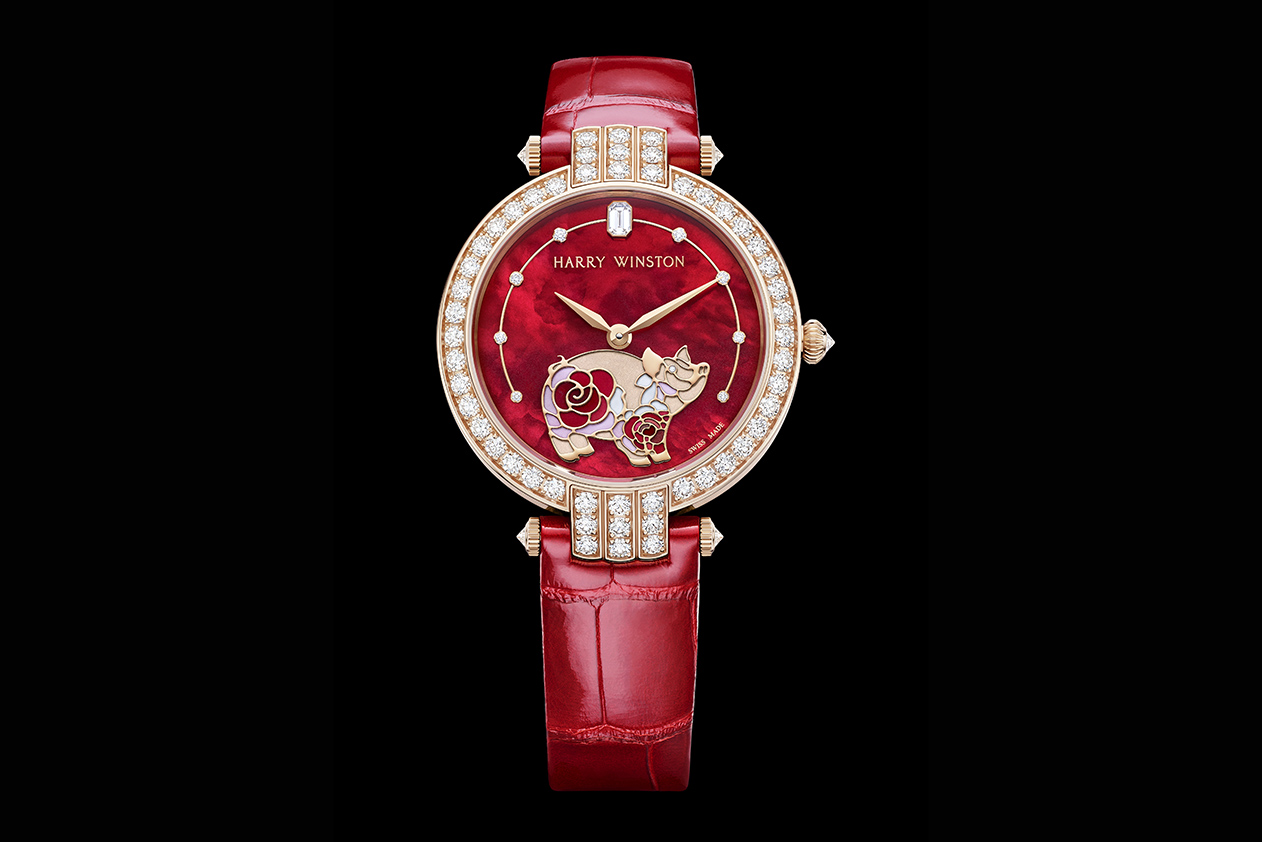 Harry Winston watch with diamonds, cloisonné enamel, pearl marquetry and yellow gold