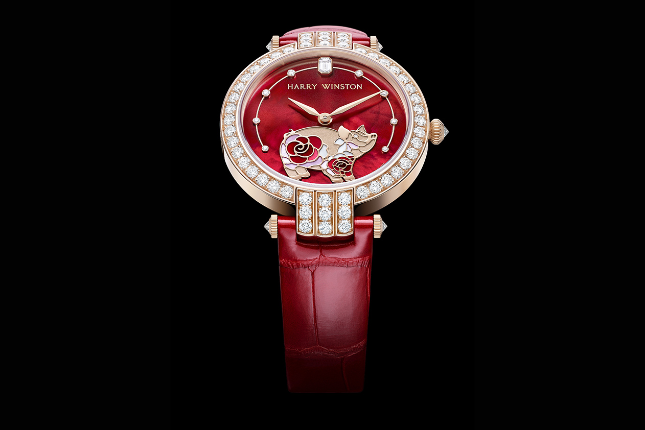  Harry Winston watch with diamonds, cloisonné enamel, pearl marquetry and yellow gold