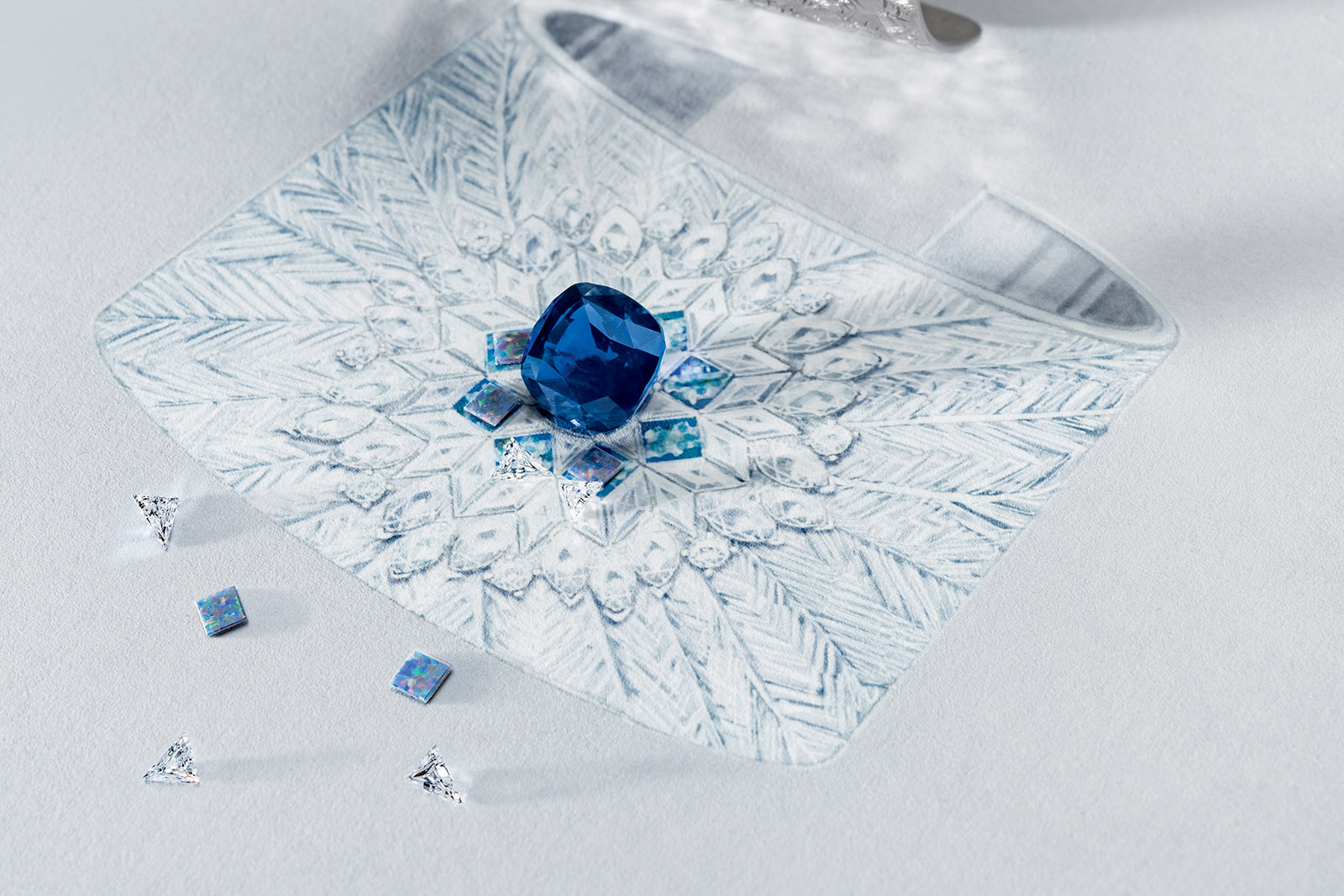  Rendering of Piaget ‘Frosted Star’ Manchette with a 5.12 ct cushion cut Madagascan sapphire, square cut black opals, marquise, baguette and brilliant cut diamonds in 18K white gold