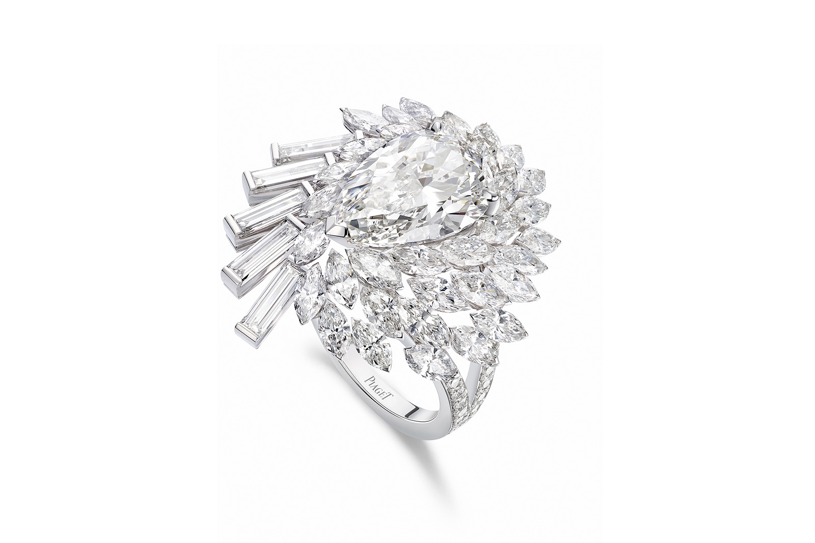  ‘White Illusion’ ring with  3.01 ct pear cut diamond, brilliant cut, baguette cut and marquise cut diamonds in 18K white gold