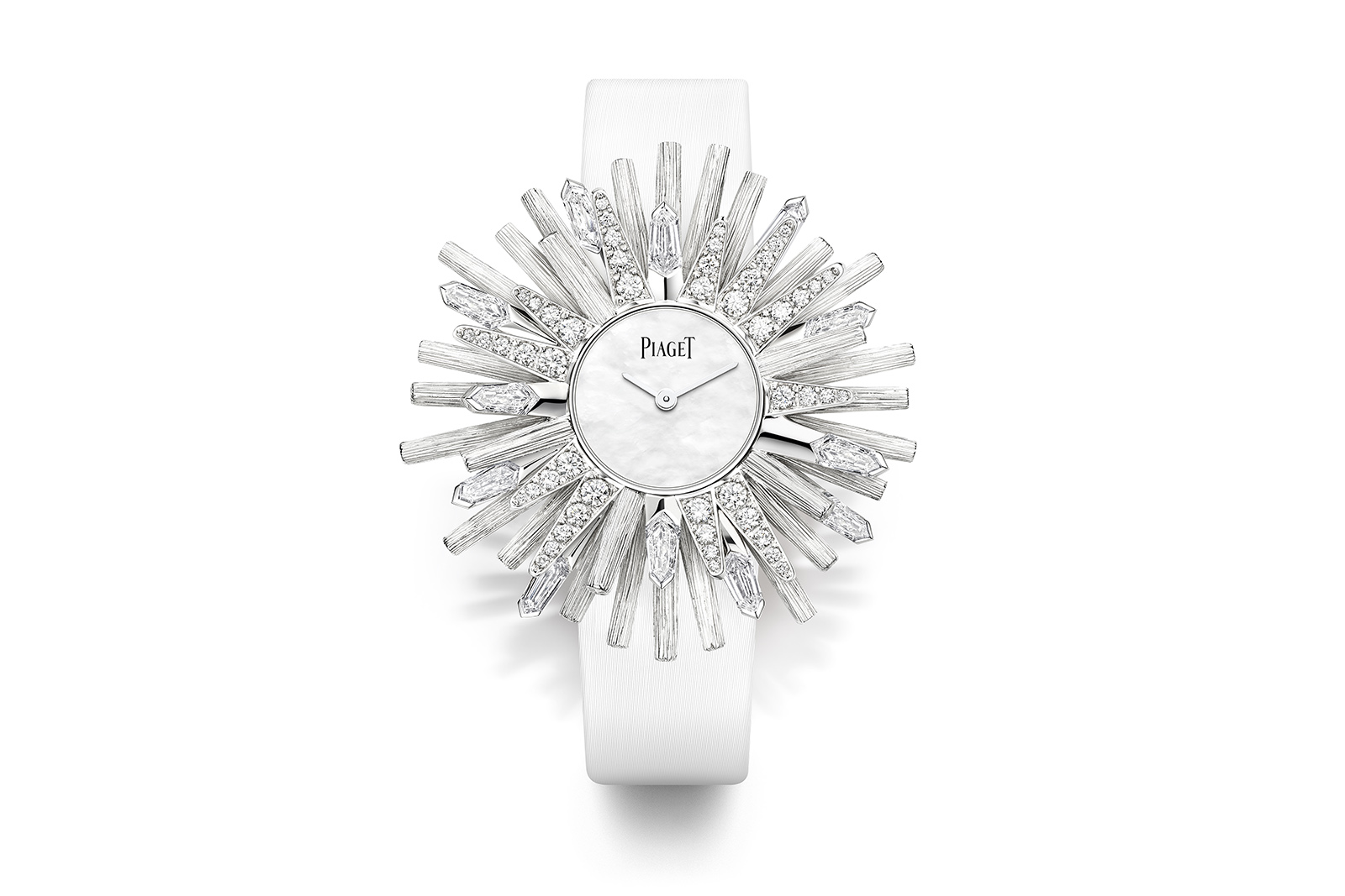  Piaget ‘White Sun Cuff’ watch set with 4.49 ct mixed cut diamonds, and dial in white mother of pearl in 18K white gold