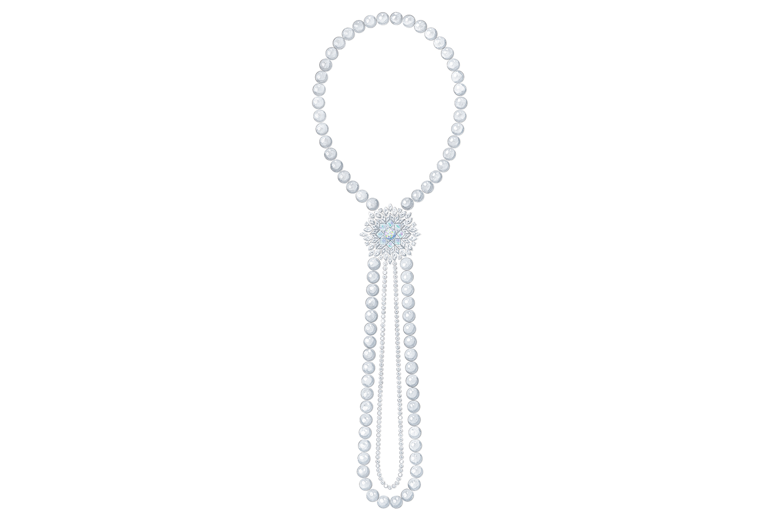  Piaget ‘Frosted Star’ sautoir with 9.60 ct marquise cut diamonds, triangle, and brilliant cut diamonds, white opals and South Sea white pearls in 18K white gold