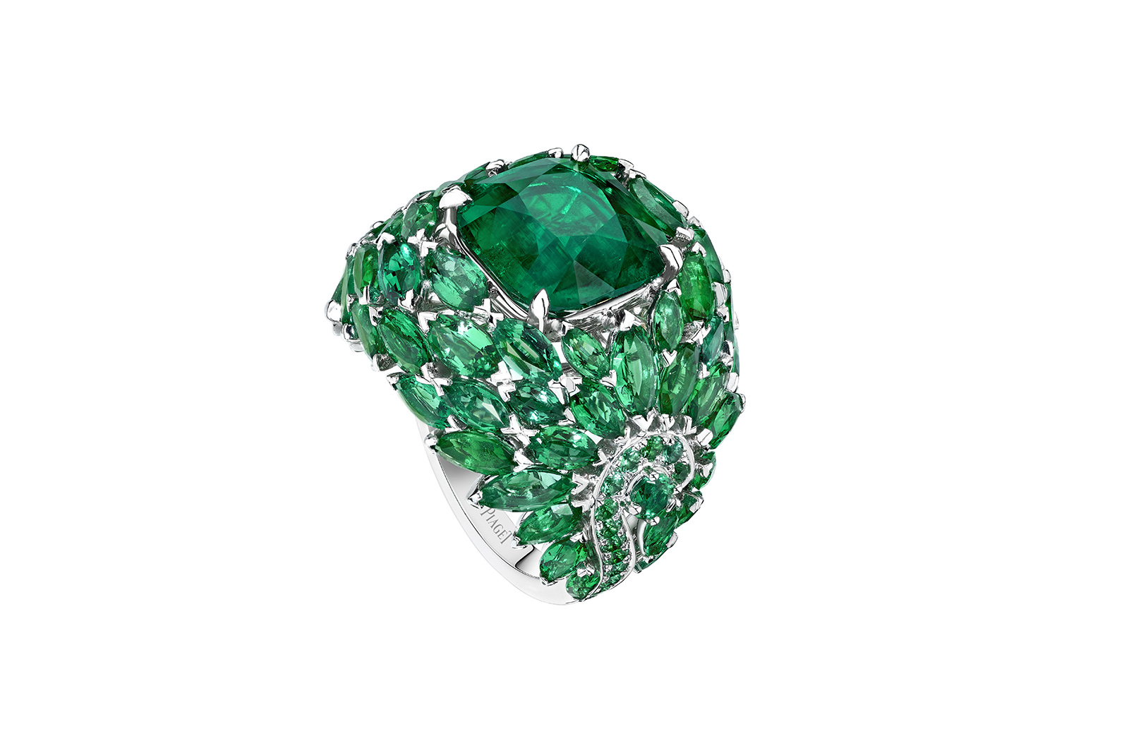 Piaget ‘Night Illusion’ ring  with 5.95ct Colombian cushion cut emerald, marquise and round cut emeralds in 18K white gold