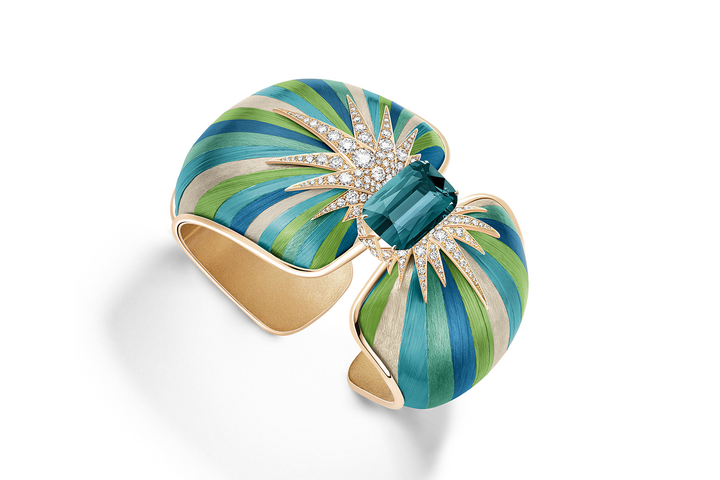 Piaget ‘Green Aurora’ manchette with 14.53 ct cushion-cut tourmaline and diamonds with wood marquetry in 18K pink gold 