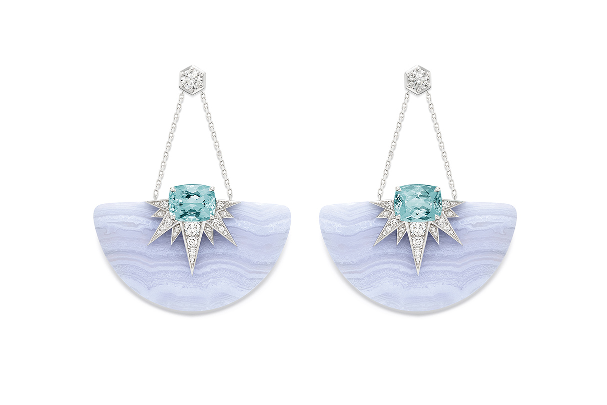  Piaget ‘White Sun’ earrings set with 4.07 ct cushion cut Paraíba tourmalines, diamonds and blue chalcedony in 18k white gold