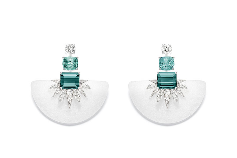  Piaget ‘White Sun’ earrings set with 3.03 ct cushion cut Mozambique Paraíba tourmalines, tourmalines, diamonds and white quartz in 18k white gold