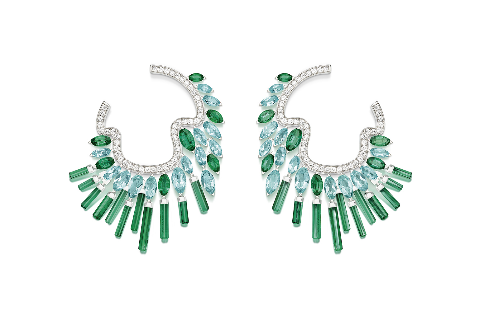  Piaget ‘Night Illusion’ earrings with 2.66 ct marquise cut emeralds, diamonds, marquise cut blue tourmalines and baguette cut emeralds in 18K white gold