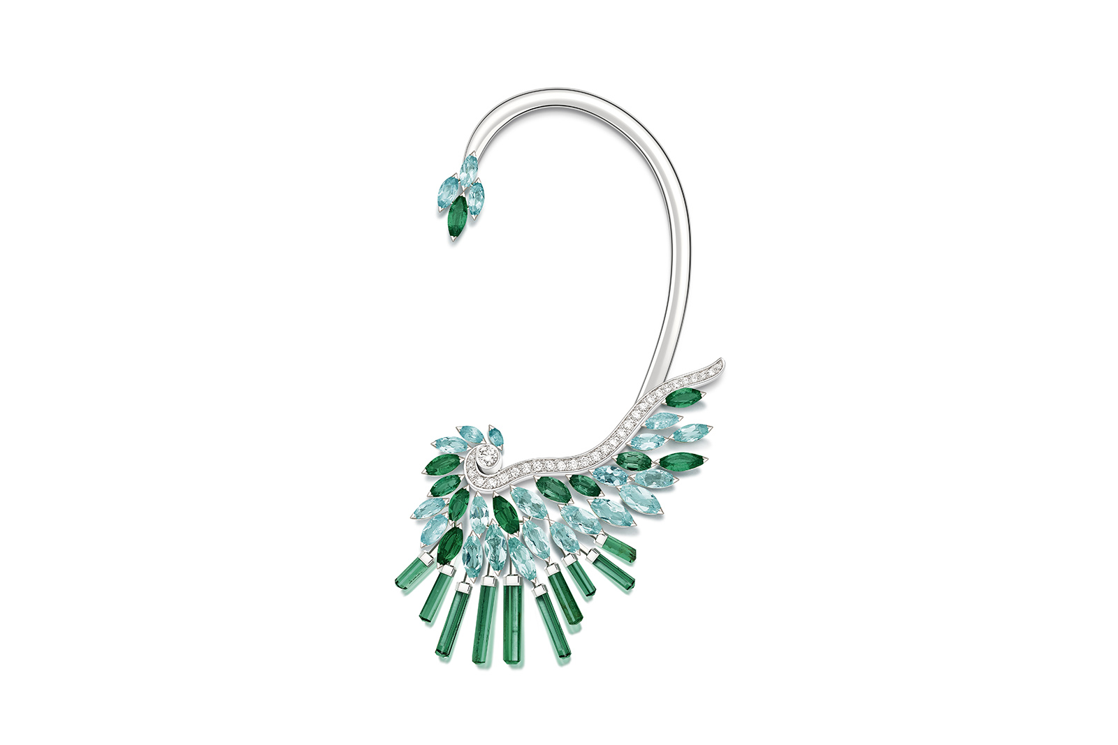  Piaget ‘Night Illusion’ ear cuff with 3.28 ct marquise cut emeralds, diamonds, marquise cut blue tourmalines and baguette cut emeralds in 18K white gold