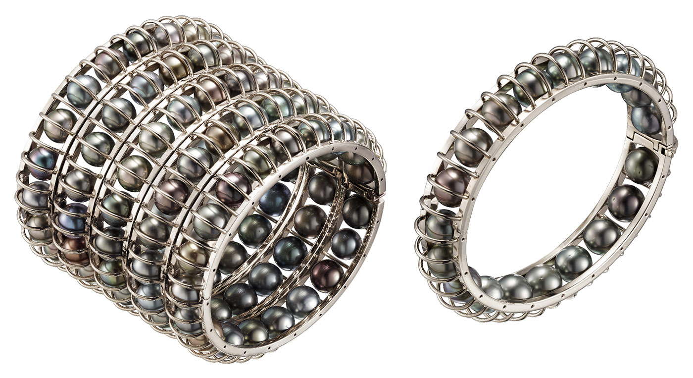 Cartier ‘The Alignment of the Planets’ cuff and bracelet from the 'Les Galaxies de Cartier' collection with Tahitian pearls in 18k white gold
