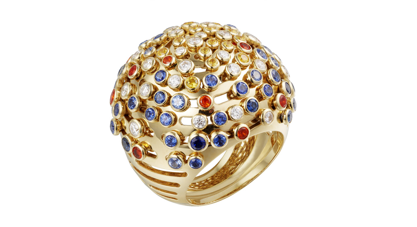  Cartier 'Lights of the Earth' bombe ring from the 'Les Galaxies de Cartier' collection with yellow and blue sapphires, fire opals and diamonds in 18k yellow gold