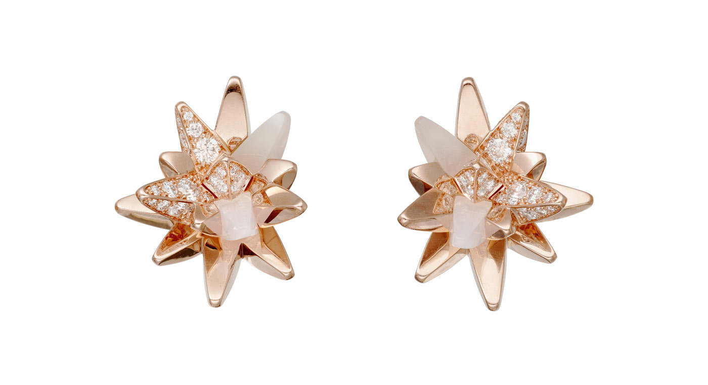  Cartier 'Fractal Meteor' earrings from 'Les Galaxies de Cartier' collection with diamonds, moonstone and milky quartz in 18k rose gold