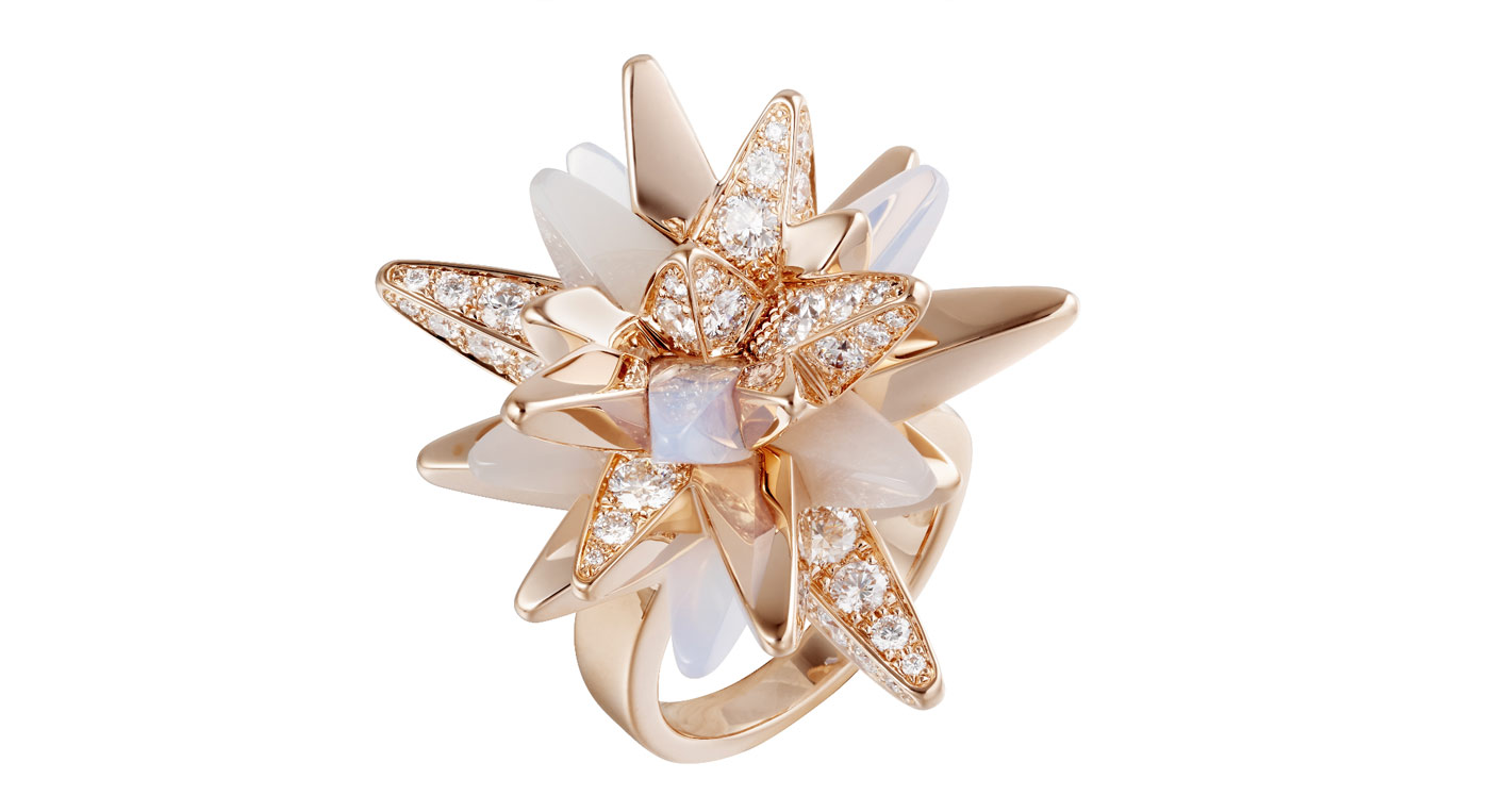  Cartier 'Fractal Meteor' ring from 'Les Galaxies de Cartier' collection with diamonds, moonstone and milky quartz in 18k rose gold
