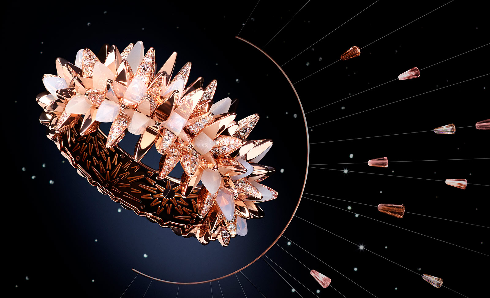 Cartier 'Fractal Meteor' bracelet from 'Les Galaxies de Cartier' collection with diamonds, moonstone and milky quartz in 18k rose gold