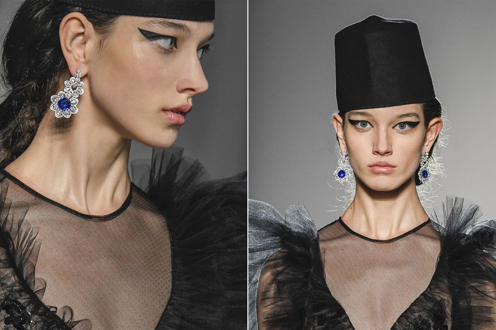  Chopard 'Precious Lace' earrings on the Giambattista Valli catwalk with sapphires and diamonds in white gold