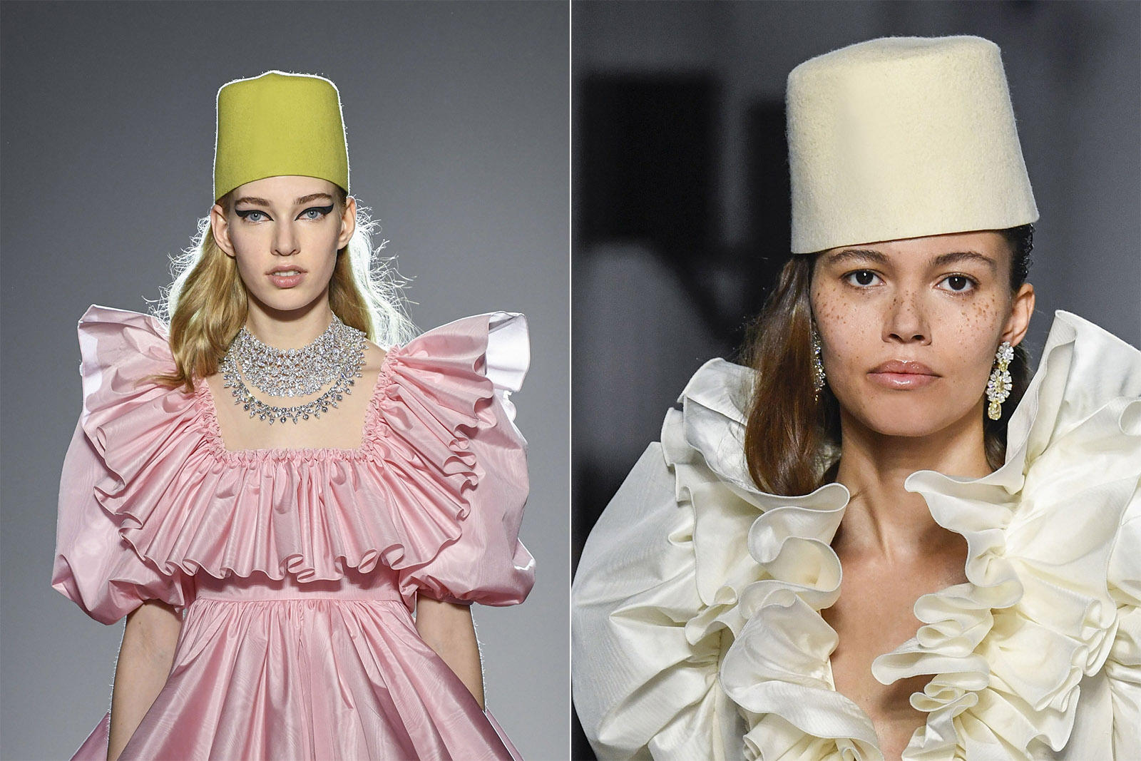 Chopard necklace with diamonds in white gold and earrings with colourless and yellow diamonds on the Giambattista Valli catwalk