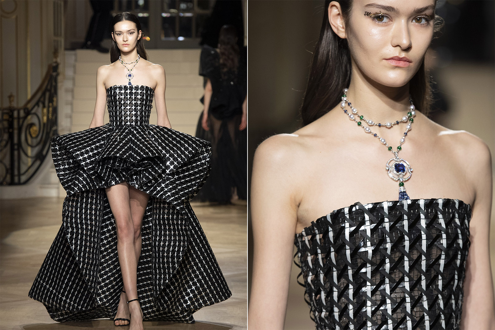 Bulgari 'High Jewellery' collection necklace at the Ashi catwalk presentation with rock crystal, 26.84ct cushion Sri- Lanka sapphire,  Akoya pearls,  30.97ct emerald beads, 220.35ct sapphire beads and diamonds in platinum 