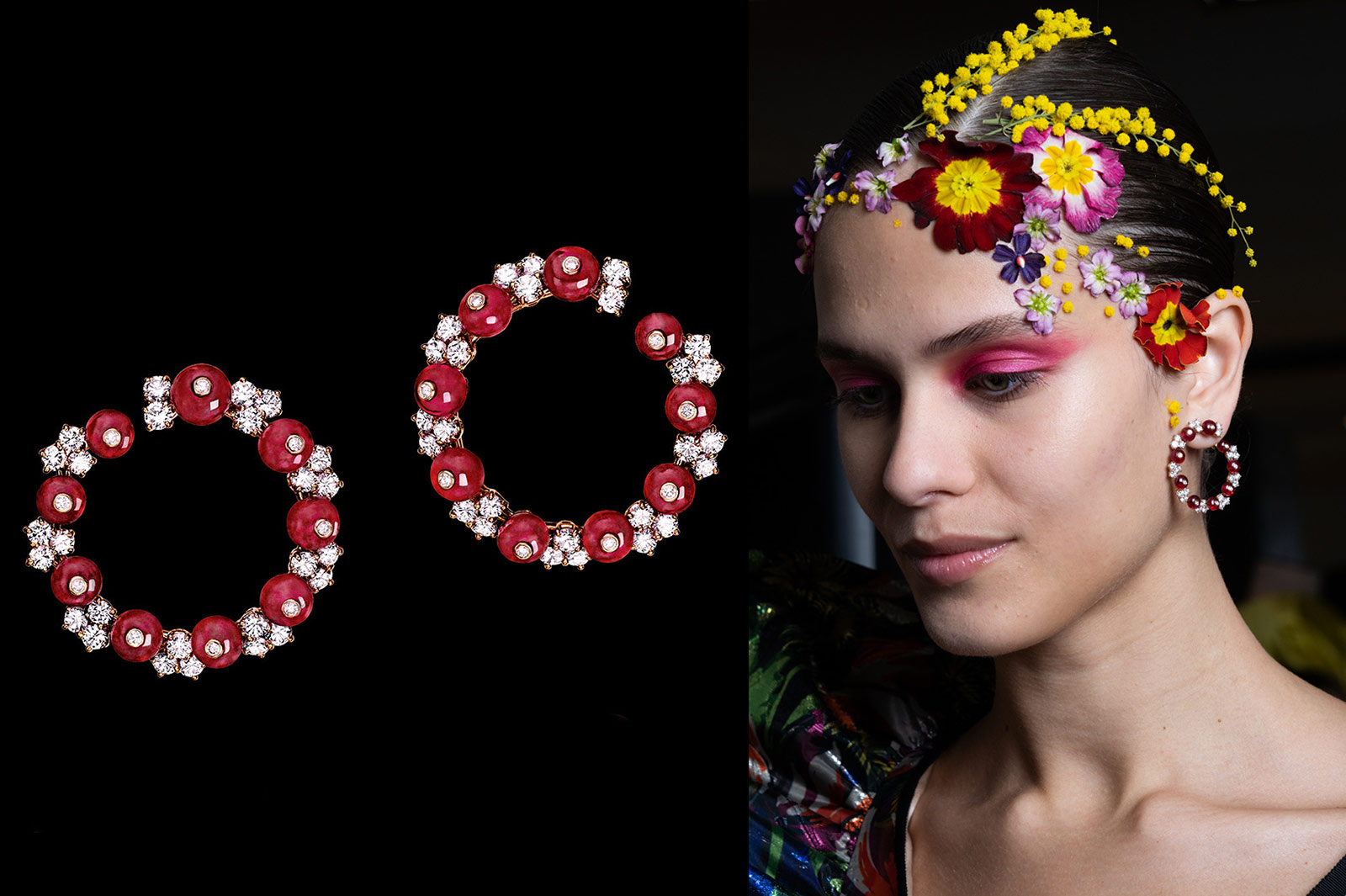  Reza 'Creole' earrings with spinel and diamonds at the Alexis Mabille  Spring ’19 Couture show.  Photo by François Lollichon