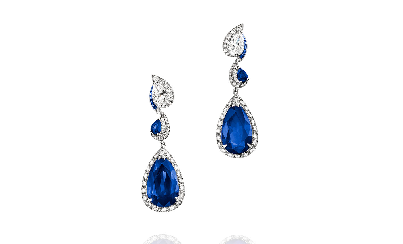 Reza 'Birmane' earrings with two pear cut unheated Burmese sapphires totalling 38.83ct, 3.42ct D color IF diamonds, sapphires and diamonds