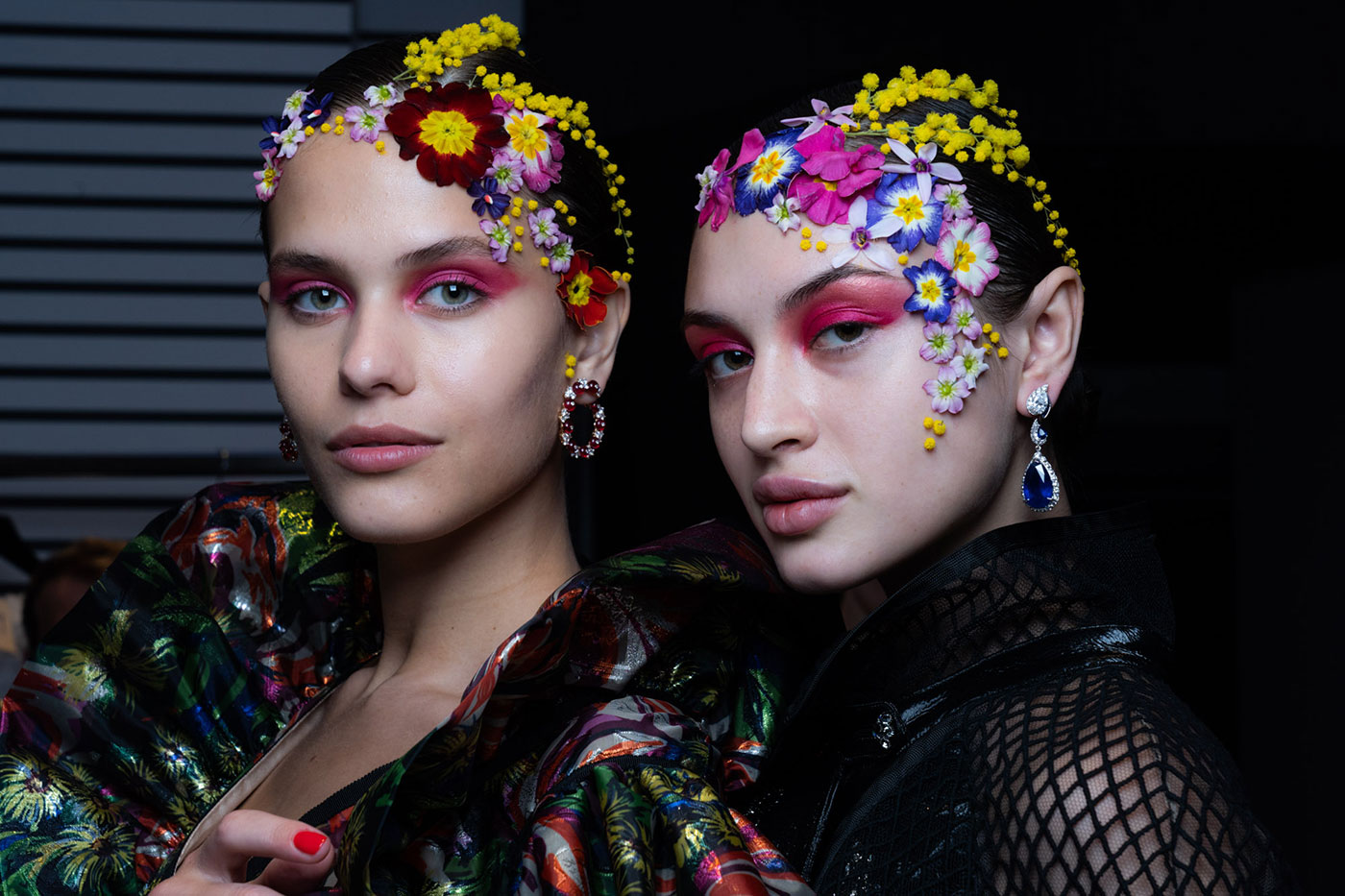  Models wearing Reza 'Creole' earrings with spinel and diamonds and 'Birmane' earrings with sapphires and diamonds at the Alexis Mabille  Spring ’19 Couture show. Photo by François Lollichon