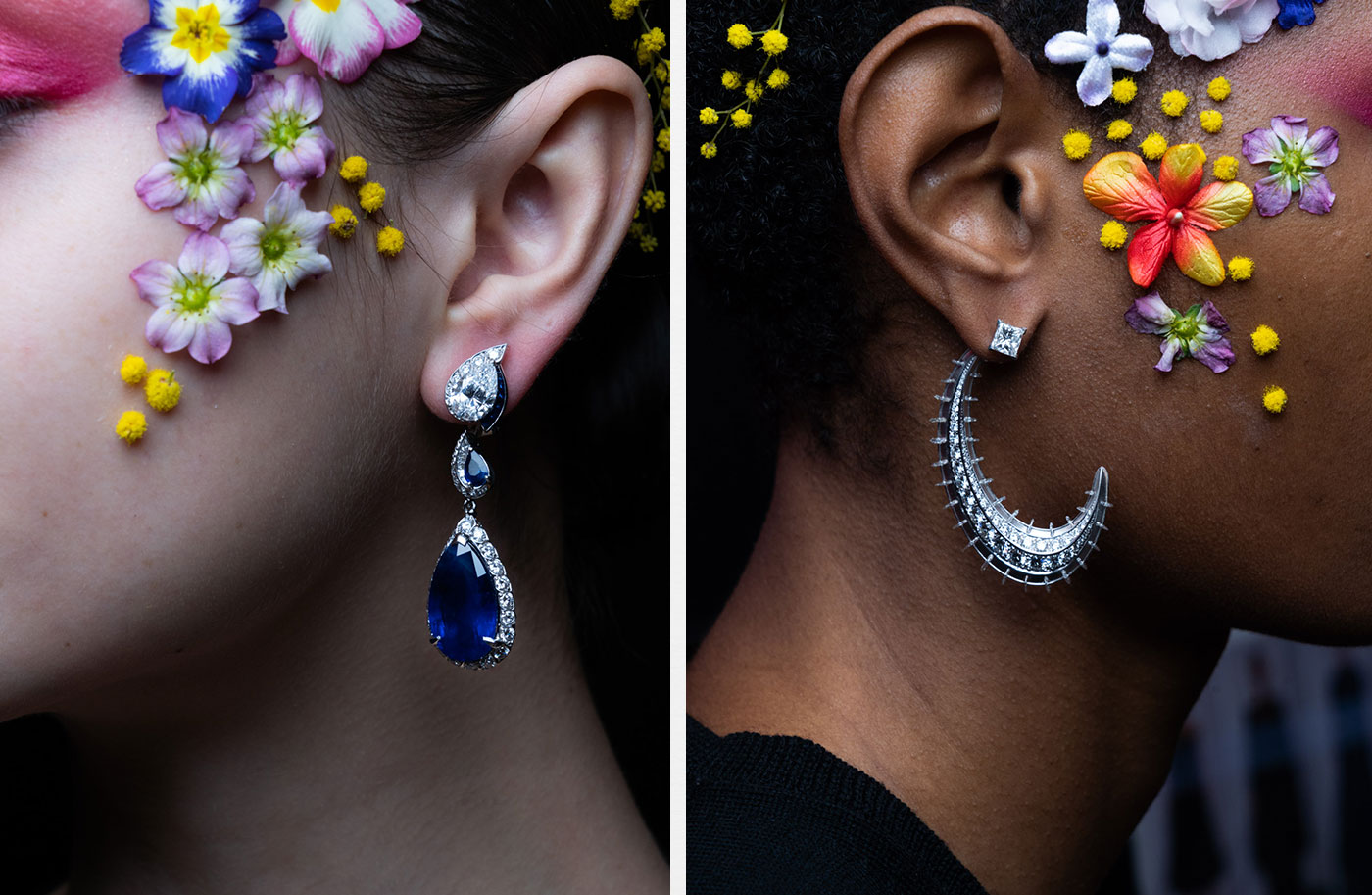  Reza 'Birmane' earrings with two pear cut unheated Burmese sapphires totalling 38.83ct, 3.42ct D color IF diamonds, sapphires and diamonds and 'Crescent' earrings with princess cut diamonds, slice shaped diamonds and brilliant cut diamonds at the Alexis Mabille  Spring ’19 Couture show.  Photos by François Lollichon 