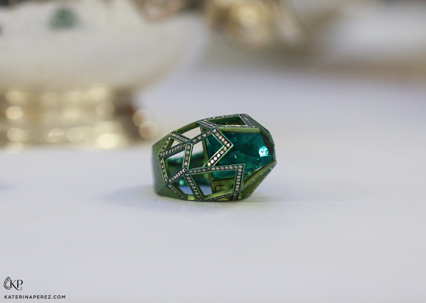 VMAR ‘Orion’ ring with uniquely cut 16.54ct Colombian emerald and diamonds in green titanium