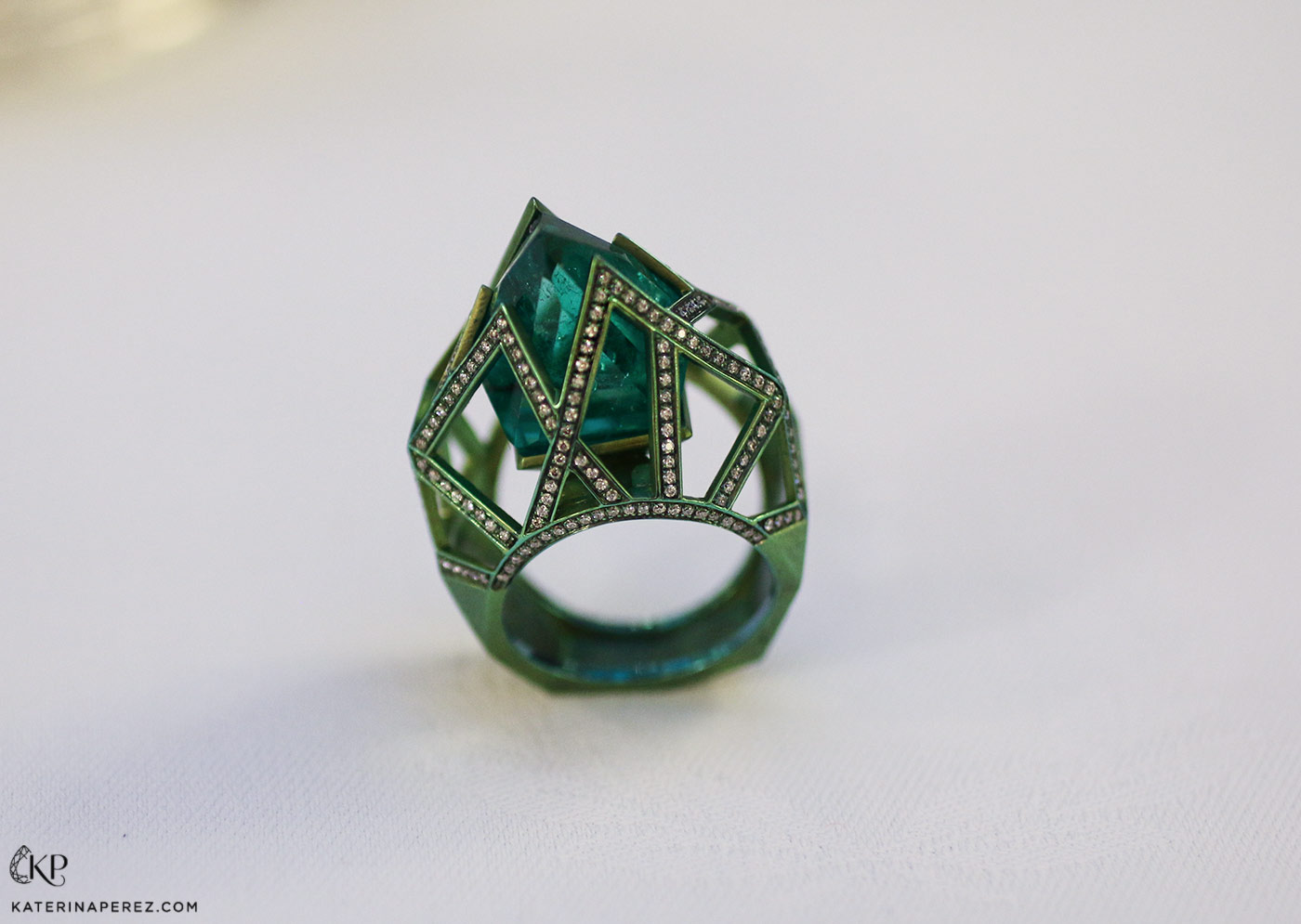  VMAR ‘Orion’ ring with uniquely cut 16.54ct Colombian emerald and diamonds in green titanium