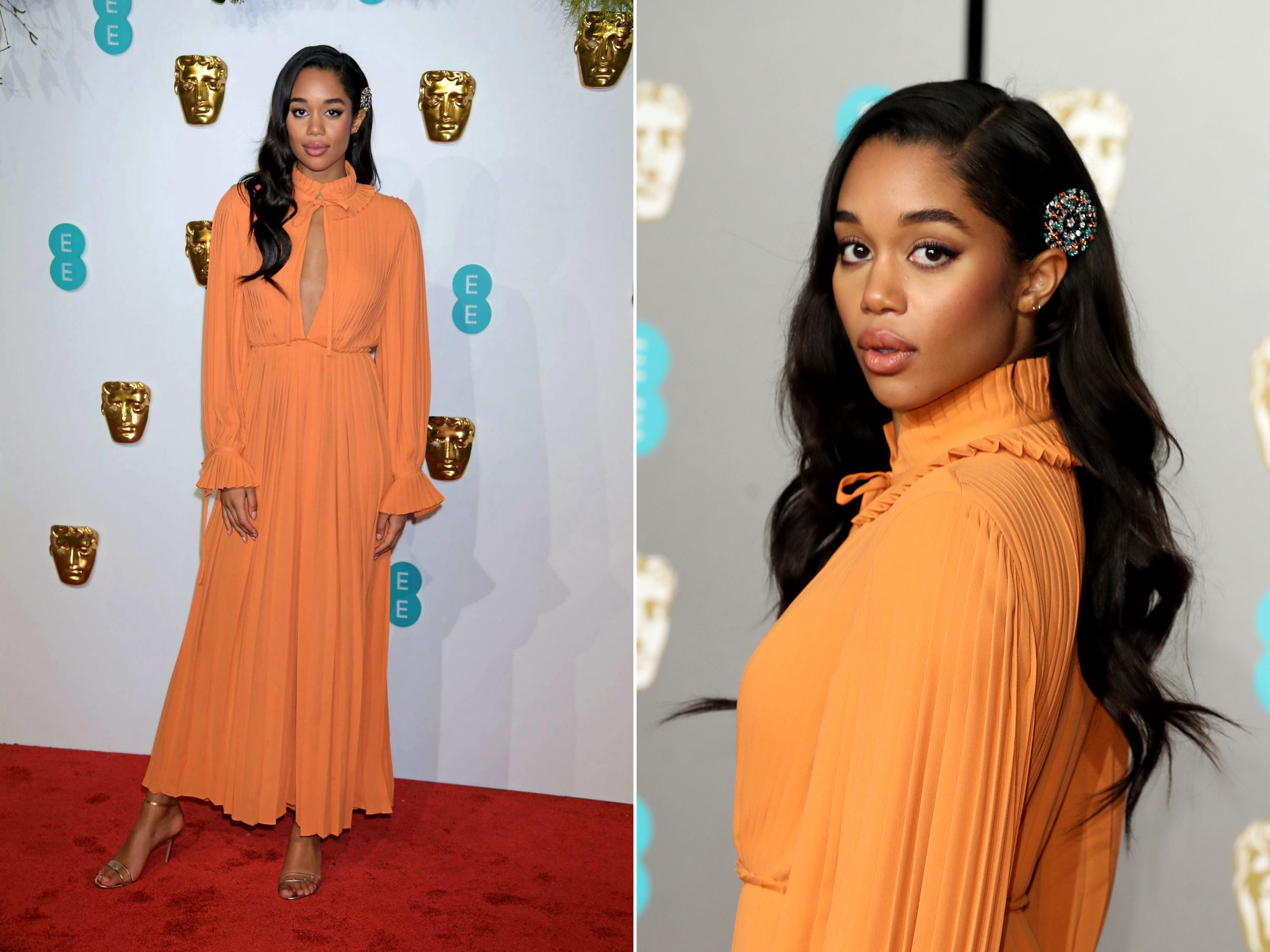 Laura Harrier at the 2019 BAFTA awards wearing a Bulgari high jewellery brooch as a hair accessory, with black onyx, emeralds and mandarin spessartite garnet