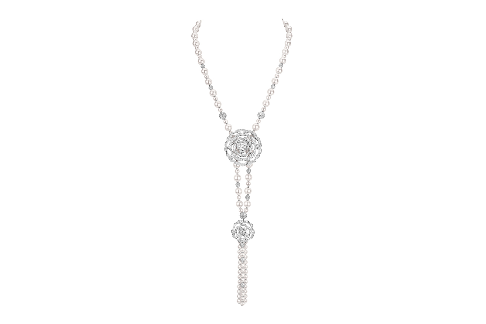  Chanel 'Perles Intemporelles' transformable necklace, in white gold, cultured pearls and diamonds. Large camellia motif may be worn as a brooch. The necklace may then be worn without a motif, or the motif may be pinned onto the necklace in a variety of places. Small pompom camellia motif may be repositioned 3 ways