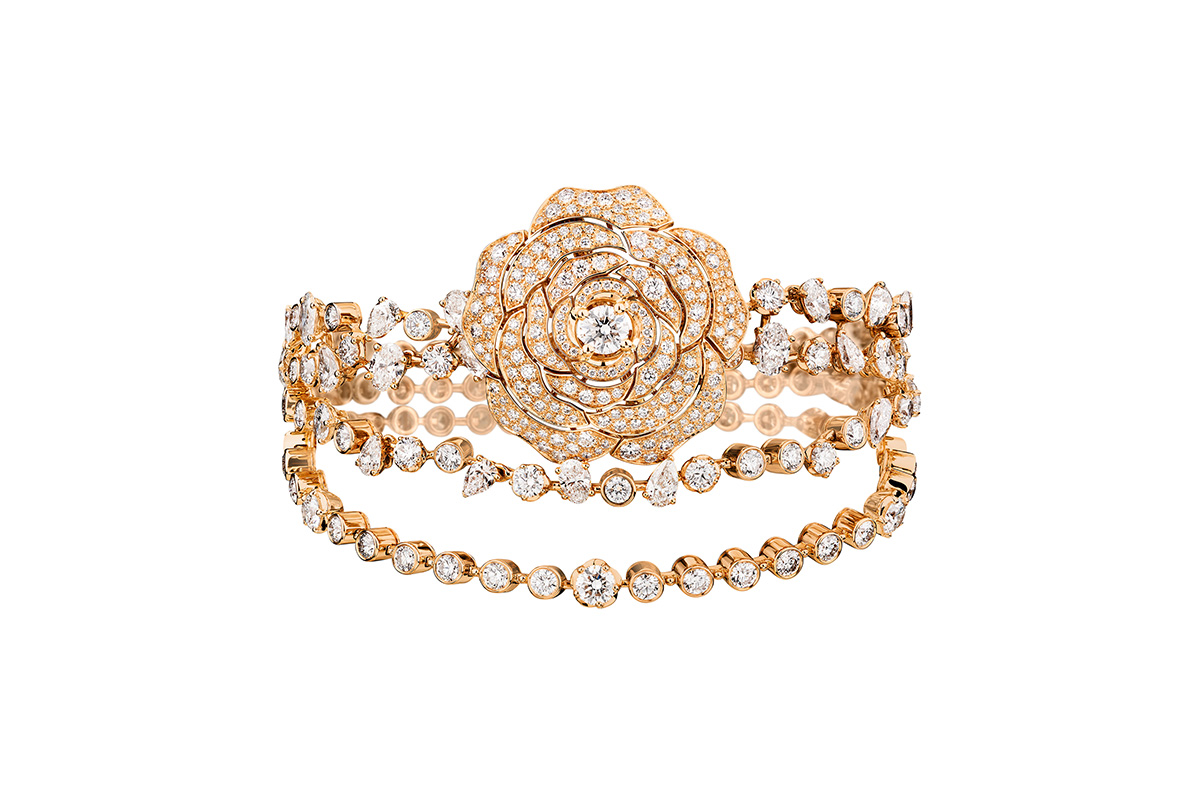  Chanel 'Rose Poudré' transformable bracelet, in pink gold and diamonds. Detachable camellia motif may be worn as a brooch. The bracelet may then be worn without a motif