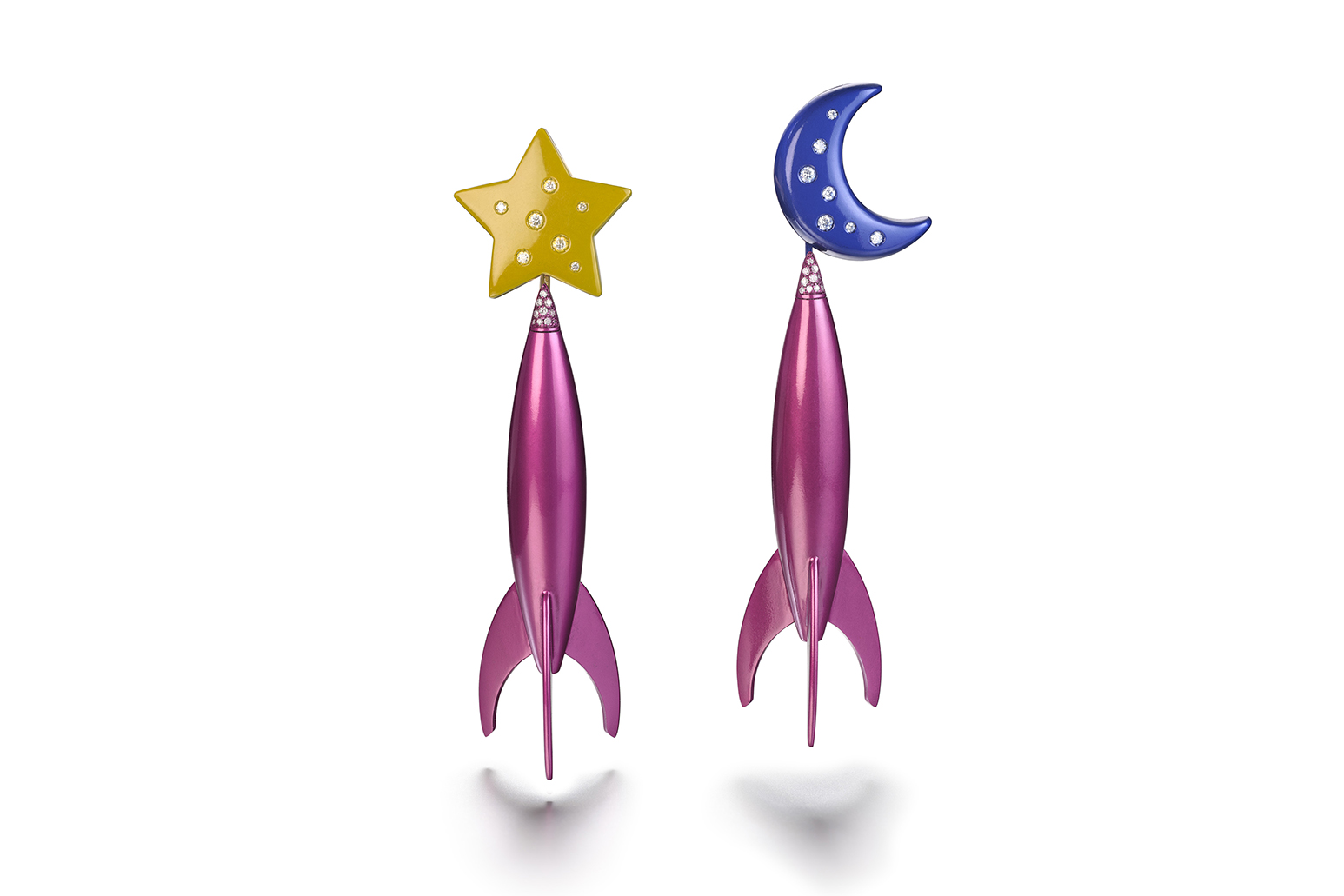 Suzanne Syz 'Space Ship' earrings with diamonds in pink, yellow and blue titanium 