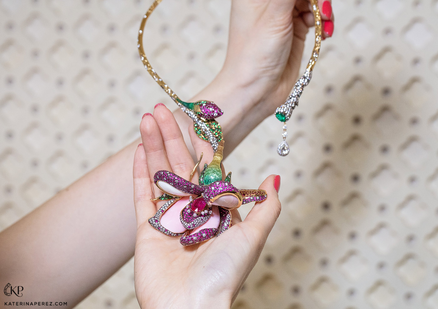 Masterstrokes 'Aphrodite' necklace featuring 158.55ct of pink conch shell, central 4.41ct ruby and accenting rubies, emeralds, tsavorites and diamonds in champlevé enamel and 18k yellow gold