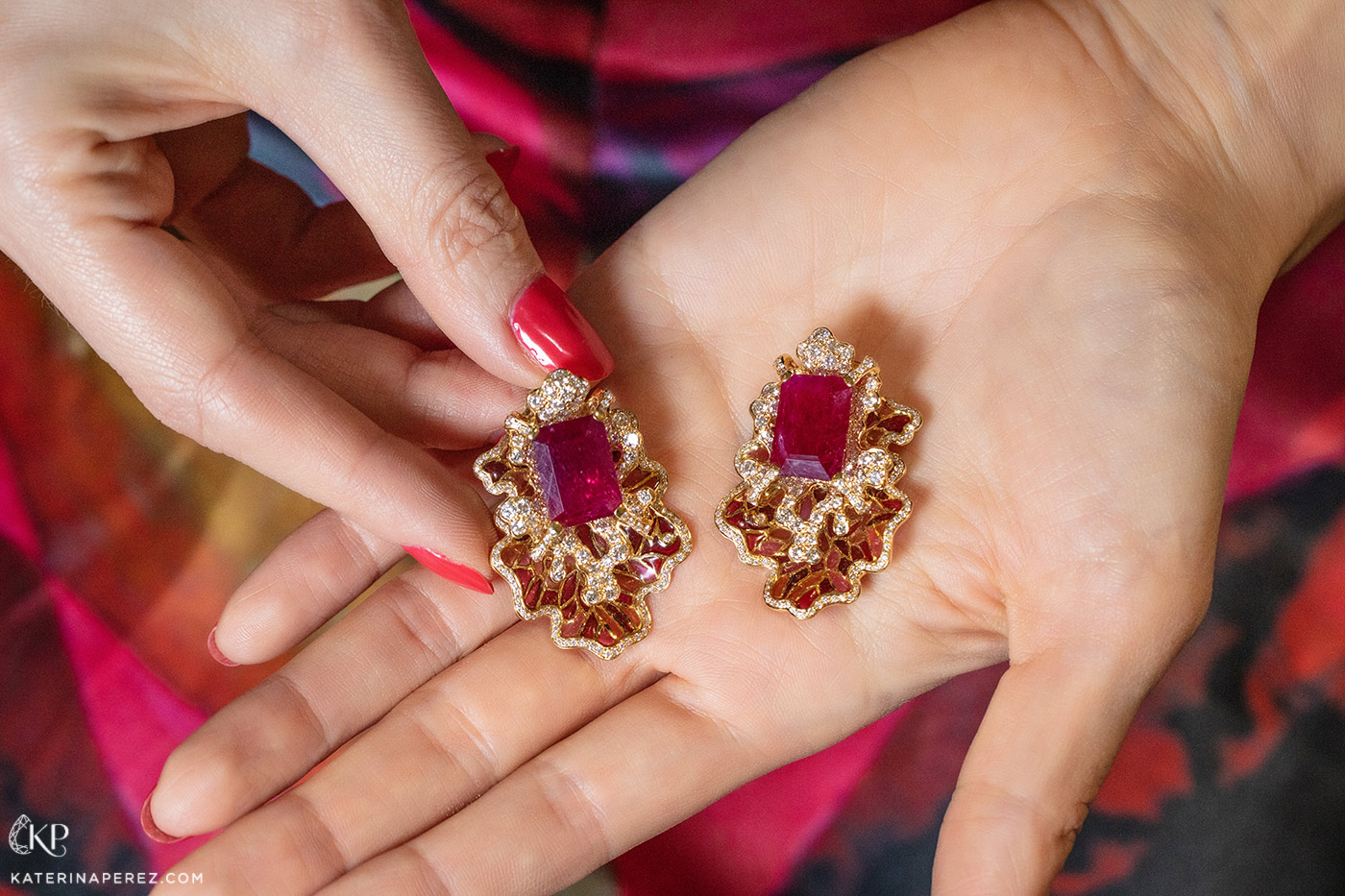 Masterstrokes ‘Birth of Venus’ earrings with 17.75ct rubies and 4.75ct diamonds in plique-a-jour and 18k yellow gold