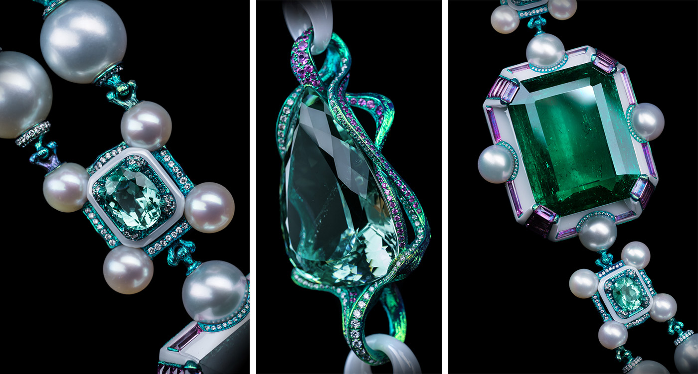  Wallace Chan ‘Dream Within a Dream’ transformable necklace with 96.71ct emerald, 74.35ct pear-shaped aquamarine, South Sea pearl, rubellite, emerald, pink sapphire, green tourmaline, amethyst and diamond, in titanium and Wallace Chan Porcelain