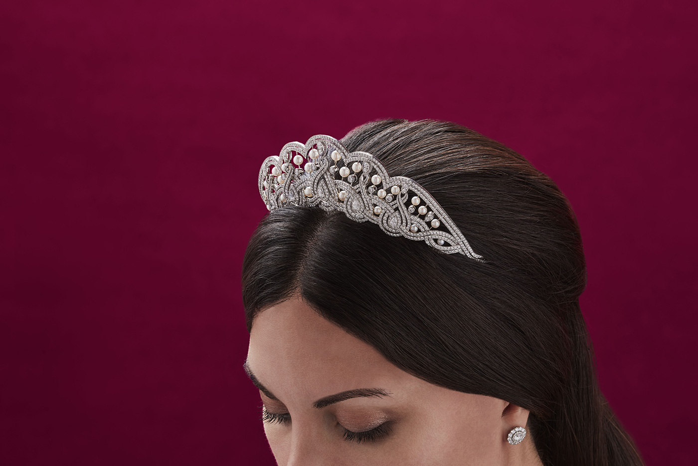  House of Garrard 'Garland' tiara with diamonds and pearls, and 'Harmony' double halo earrings with diamonds, both in white gold