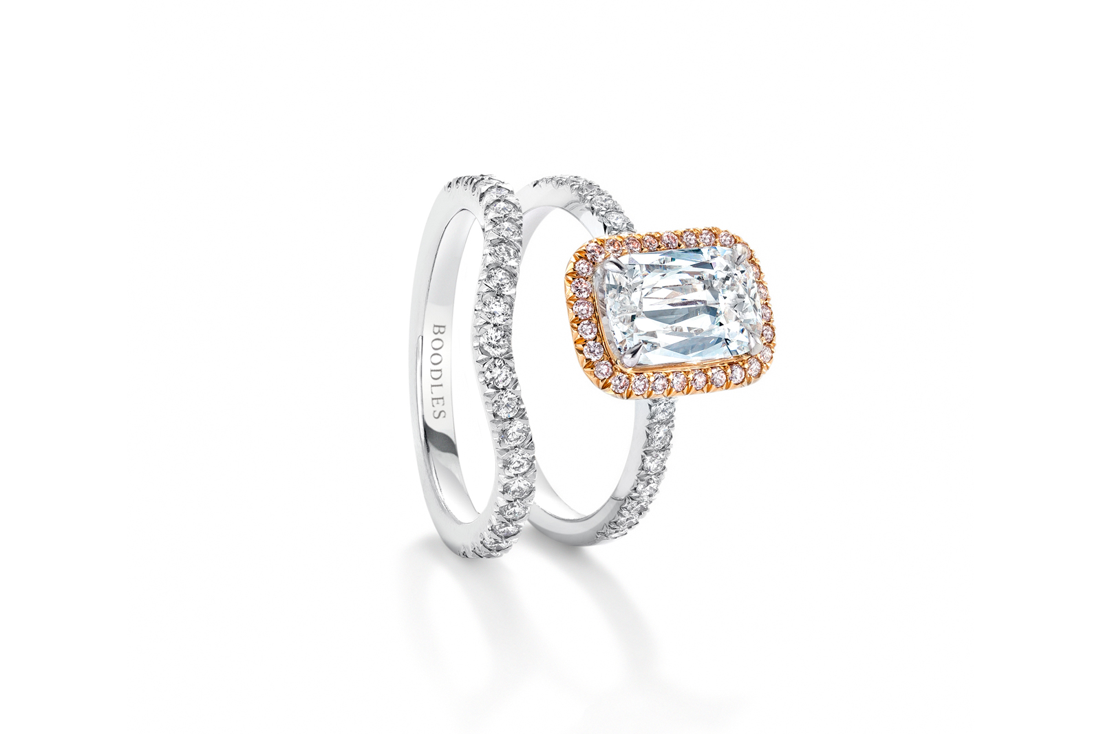  Boodles ‘Ashoka’ engagement and wedding ring set, with Ashoka cut feature diamond and accenting pavé diamonds in white and rose gold