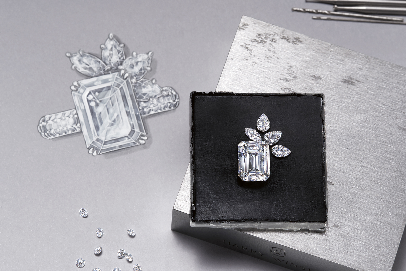 The creation process for the Harry Winston 'Bridal Couture' engagement ring with 5.51ct emerald feature diamond and marquise cut diamonds in platinum