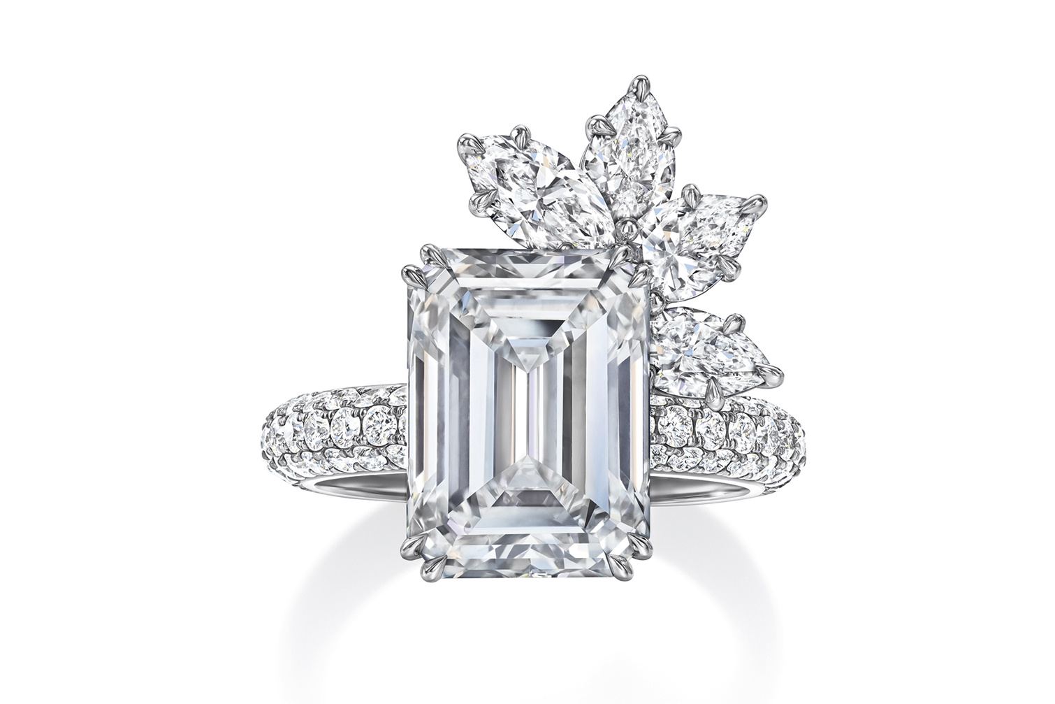  Harry Winston 'Bridal Couture' engagement ring with 5.51ct emerald feature diamond and marquise cut diamonds in platinum