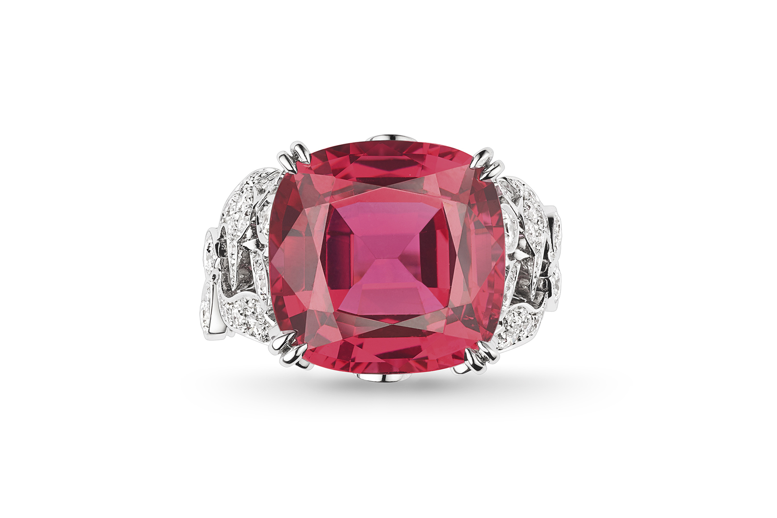  Chaumet 'Soir de Fête' cocktail ring with cushion cut red spinel and accenting diamonds in white gold