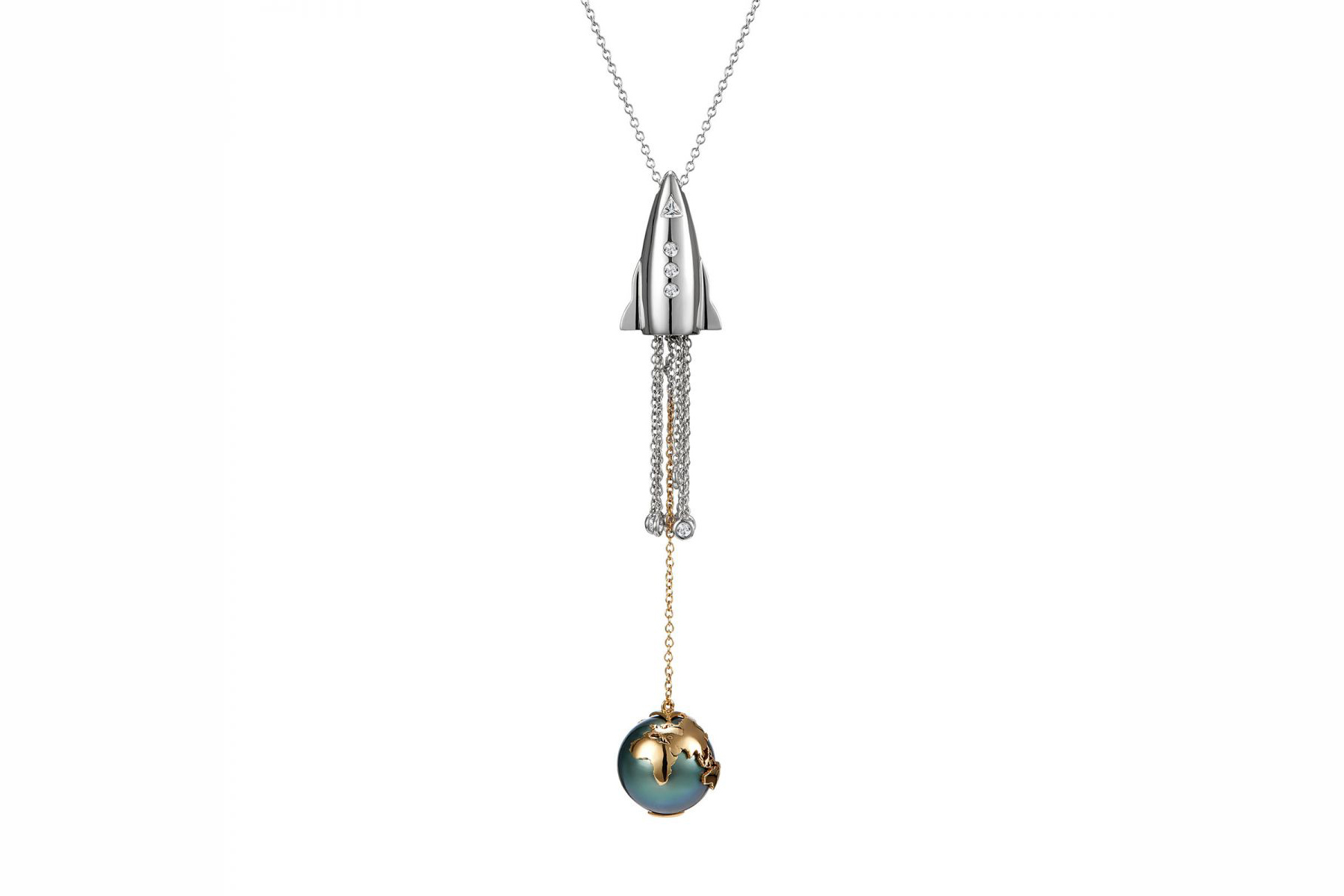  Maya Gemstones 'SONYA 4' Rocket necklace with Tahitian black pearl and diamonds in 18K yellow and white gold