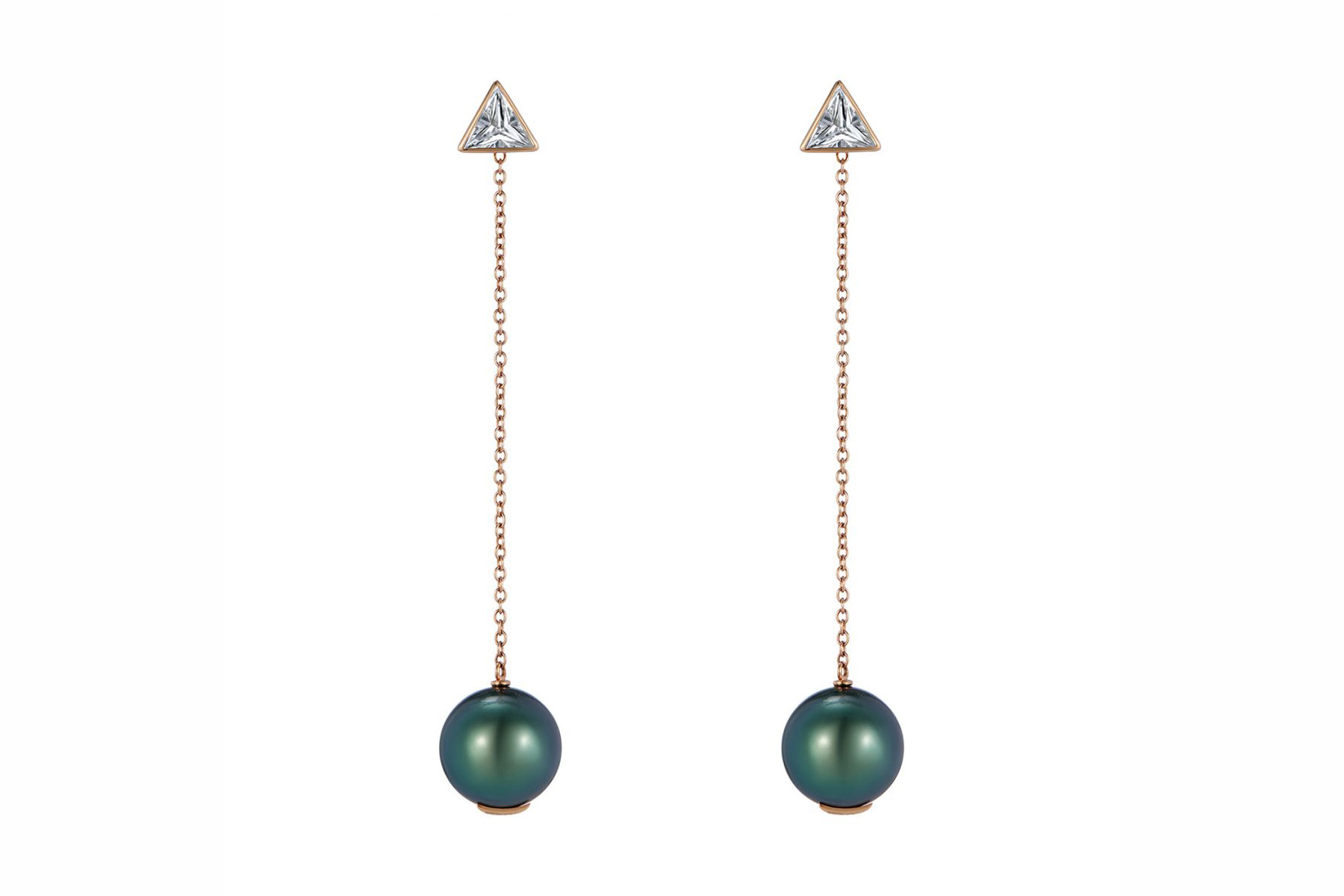  Maya Gemstones 'SONYA 9' transformable earrings set with triangle cut diamond and Tahitian black pearl in 18K yellow gold