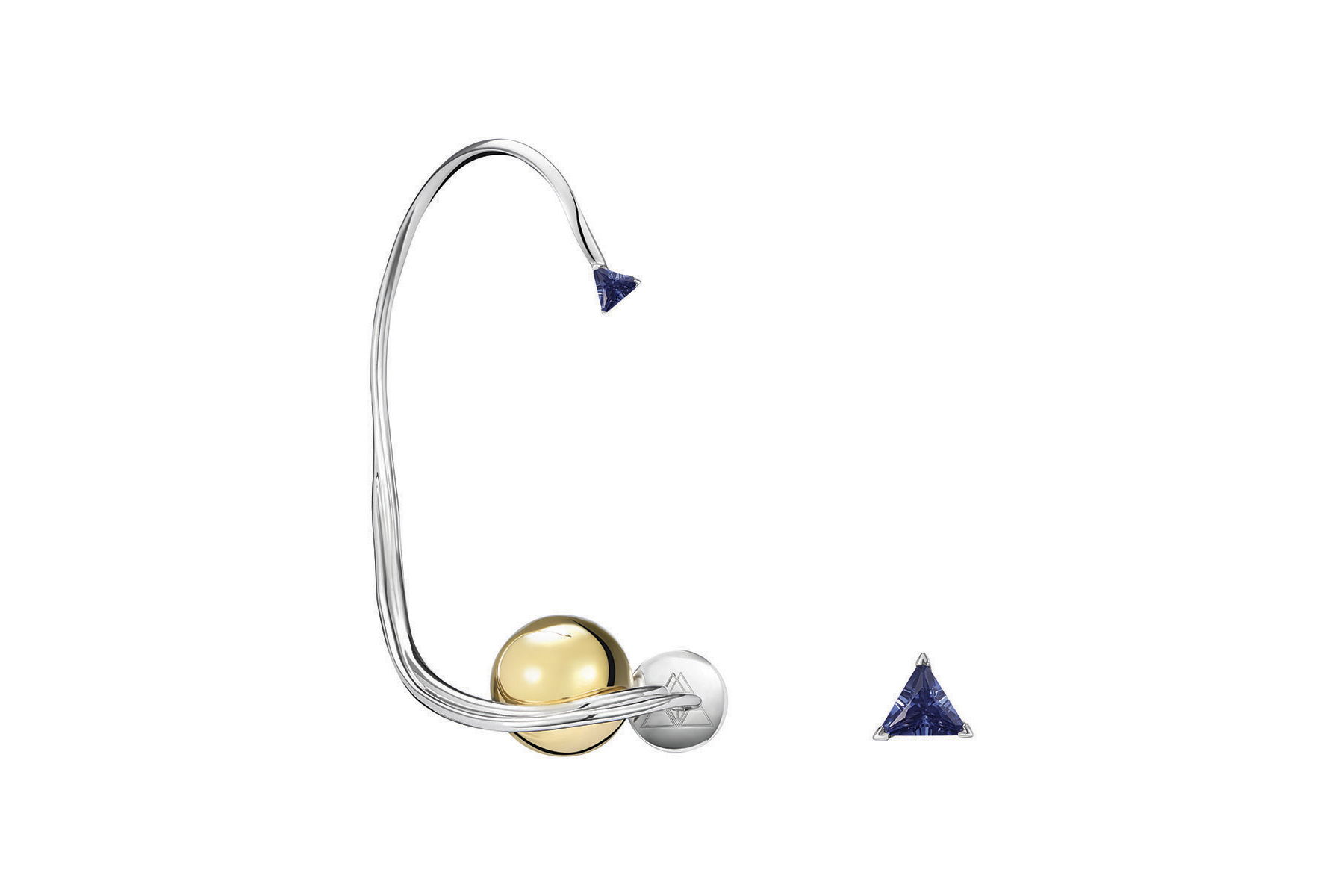  Maya Gemstones 'SATURN' earrings with triangle cut blue sapphires in 18K yellow and white gold