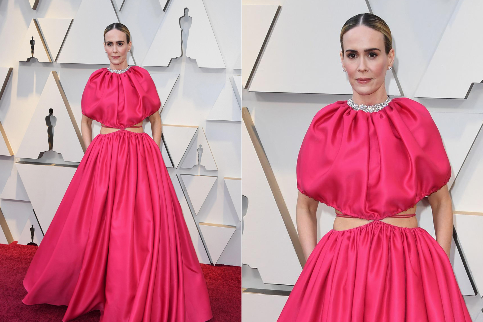  Sarah Paulson wearing Harry Winston 'Guipure' necklace with 55.70ct diamonds and round brilliant diamond micropavé ear studs in platinum 