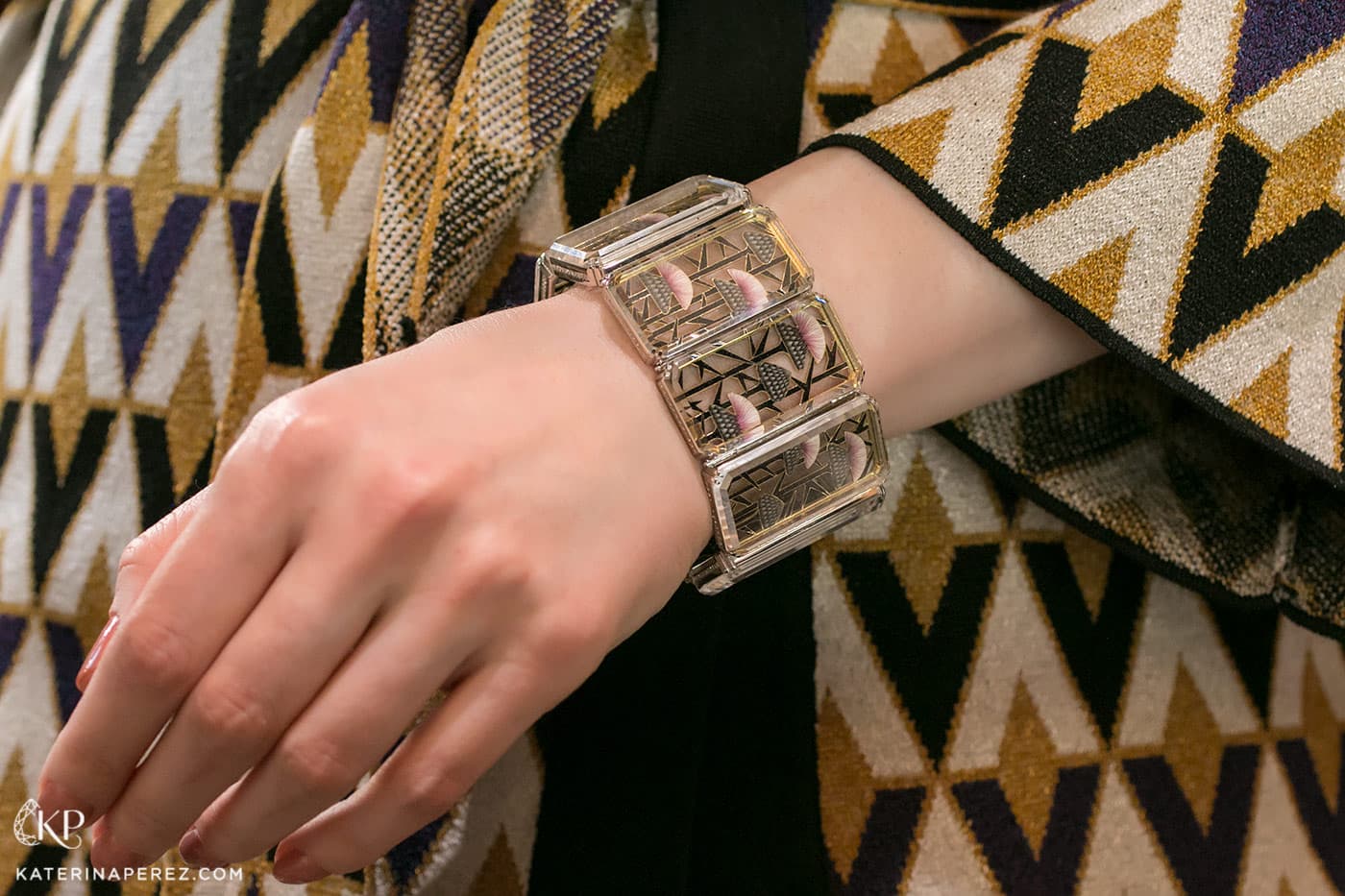  'Burdock' bracelet by Ilgiz F. with rock crystal over hot enamel flowers