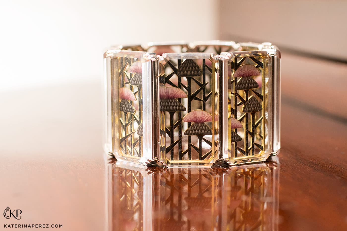 'Burdock' bracelet by Ilgiz F. with rock crystal over hot enamel flowers